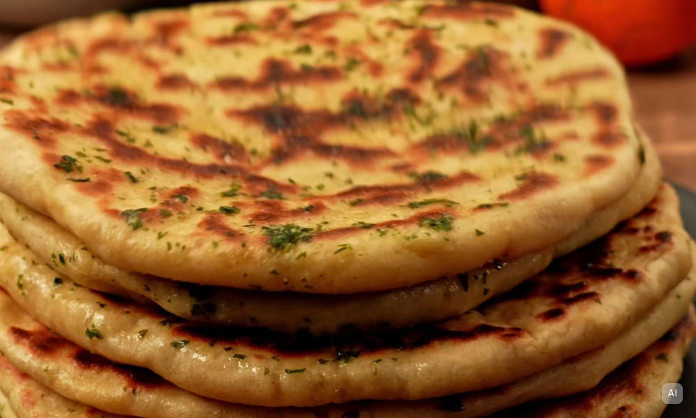 Veganes Naan Brot mit Kräutern aus der Pfanne - Bild KI-generiert
