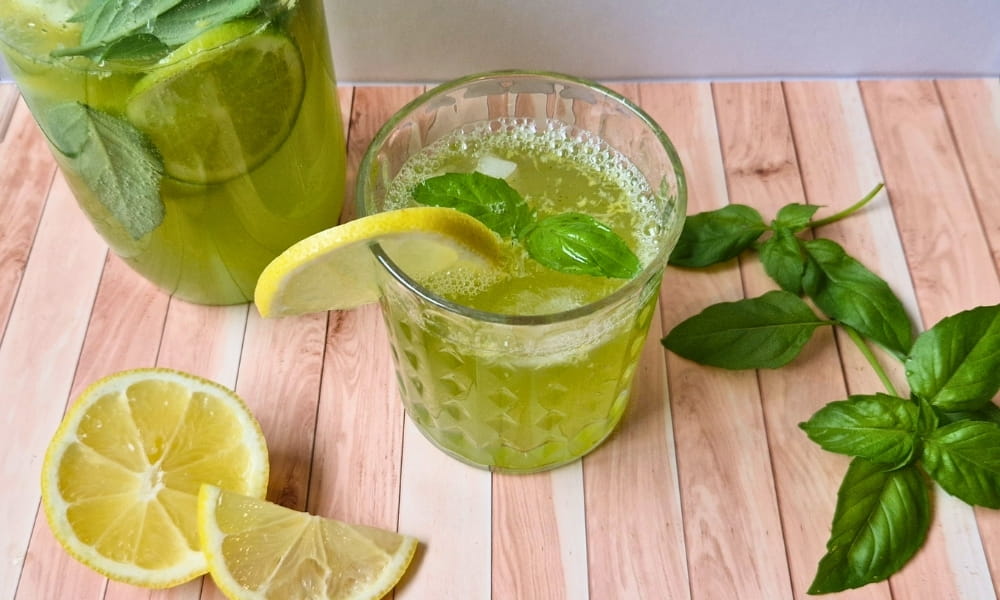 Basilikum Limonade mit Zitrone in einem Glas, daneben eine Karaffe mit Limo