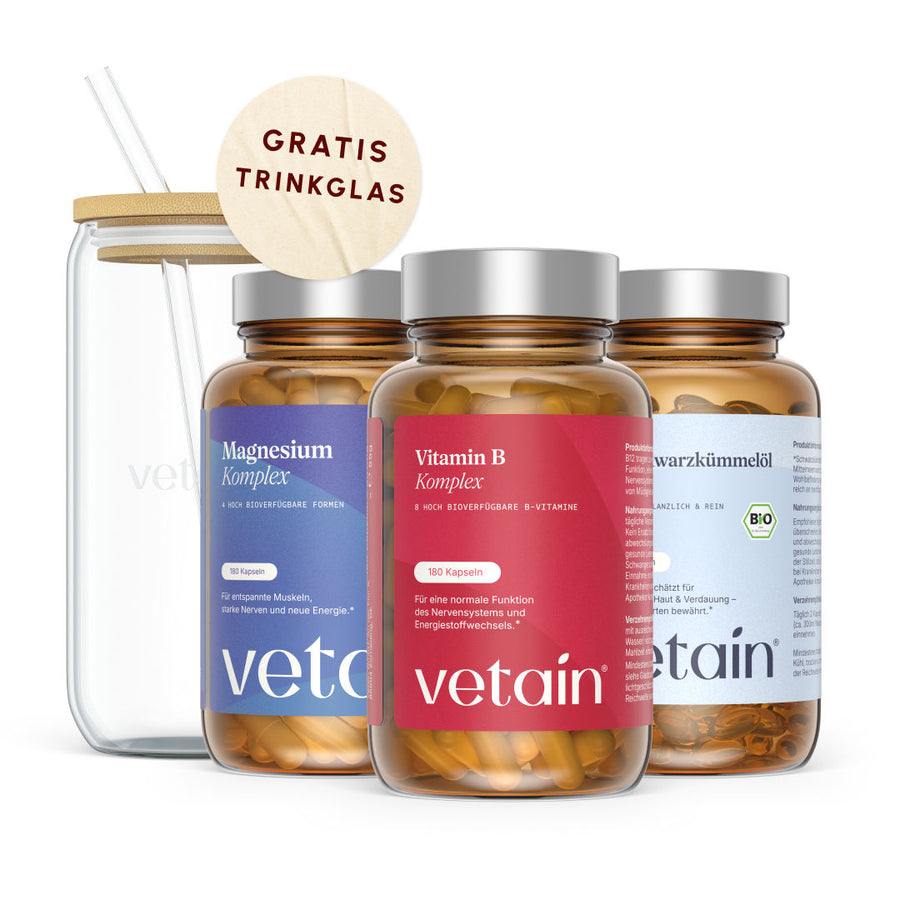 Vetain Sleep & Calm Bundle: Magnesium Complex, Vitamin B Complex, and Organic Black Seed Oil Capsules in brown glass bottles with silver lids, next to a drinking glass with a bamboo lid and glass straw with a "Free Drinking Glass" badge