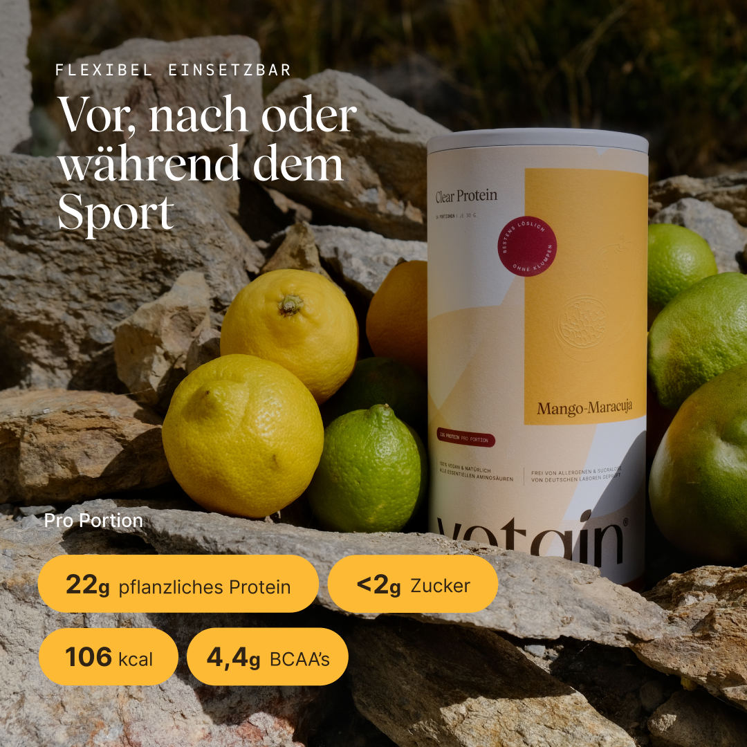 veganes Clear Protein Mango-Maracuja: Einsatzmöglichkeiten, Nährwertangaben pro Portion
