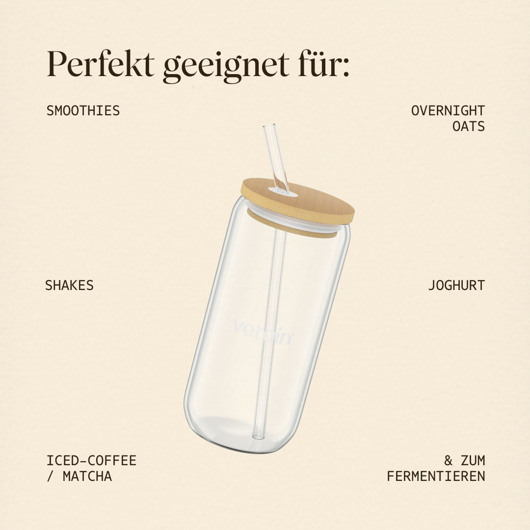 Vetains Trinkglas ist perfekt geeignet für Smoothies, Shakes, Iced-Coffee & Matcha, Overnight Oats, Joghurt und zum Fermentieren