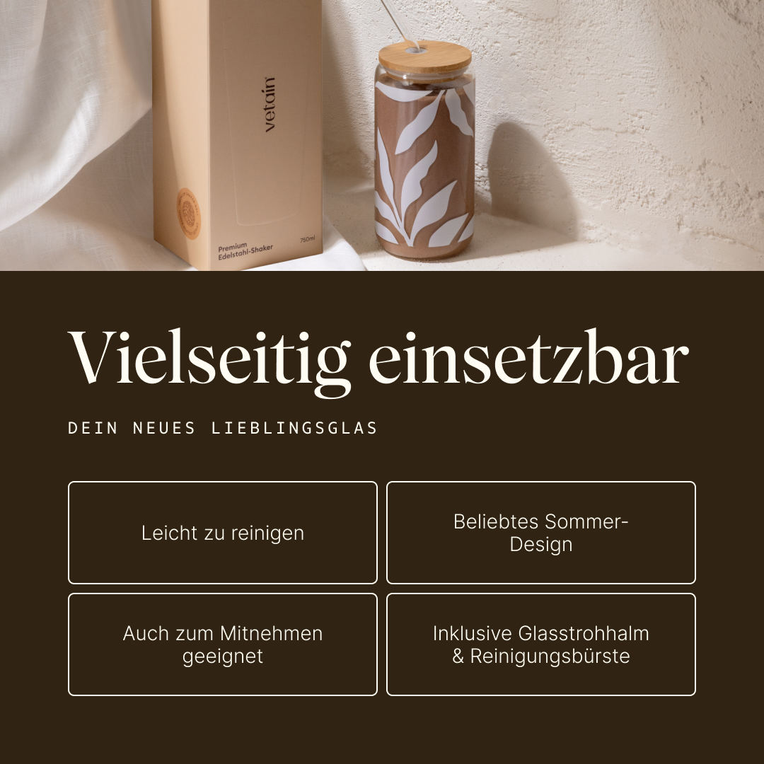 Vetains Trinkglas ist vielseitig einsetzbar. Es ist leicht zu reinigen, ein Klassiker mit neuem Logo, auch zum Mitnehmen geeignet, inklusive Glasstrohhalm & Reinigungsbürste