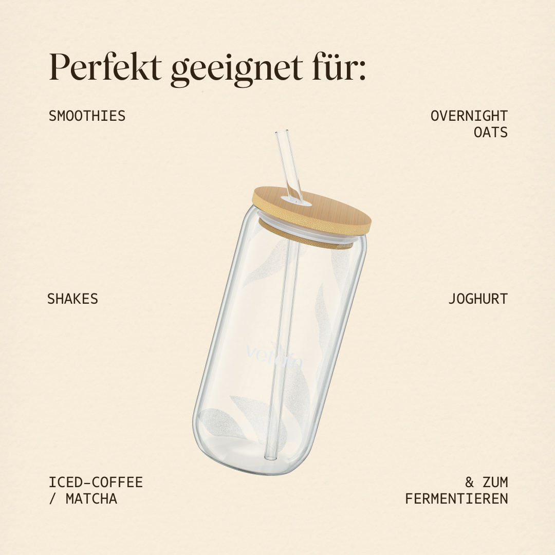 Vetains Trinkglas ist perfekt geeignet für Smoothies, Shakes, Iced-Coffee & Matcha, Overnight Oats, Joghurt und zum Fermentieren