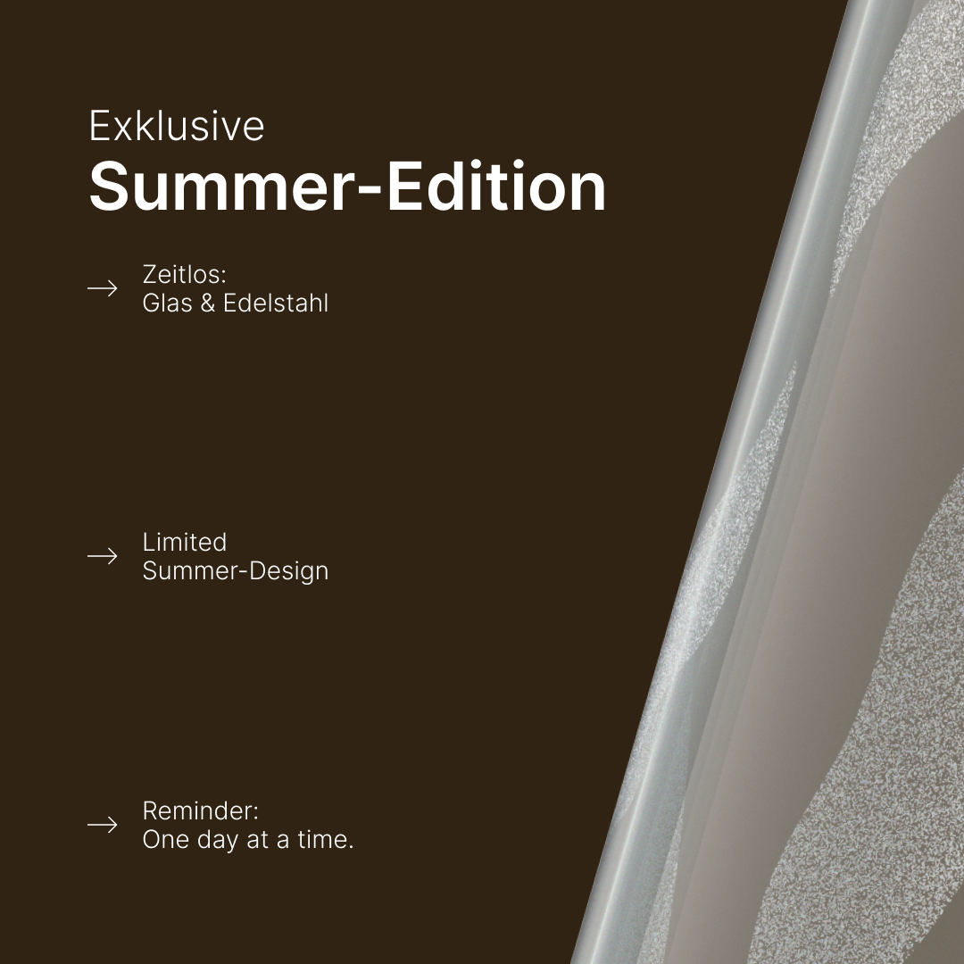 Vetain Glasflasche im Summer-Edition-Design. Zeitlos: Glas & Edelstahl