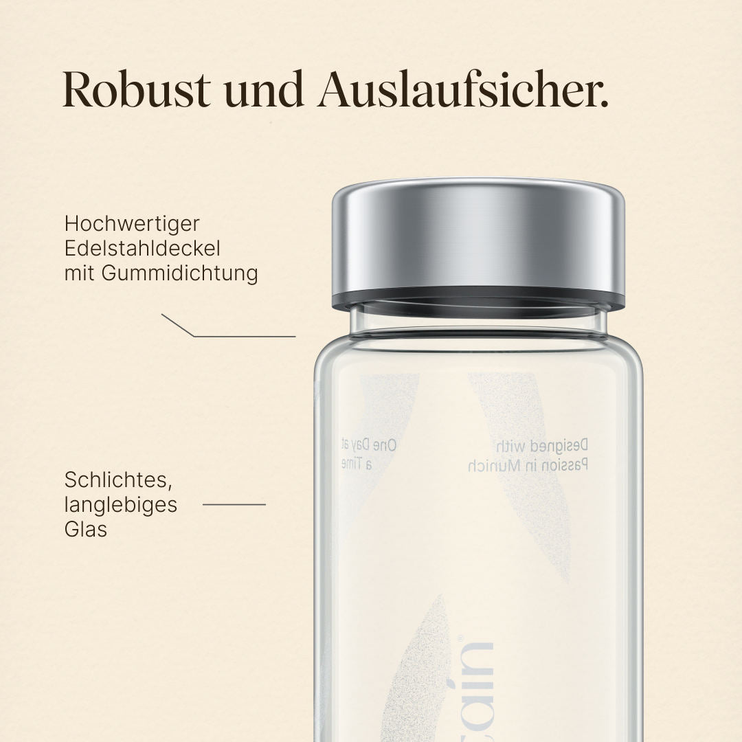 Vetains Glasflasche ist robust und auslaufsicher. Sie hat einen hochwertigen Edelstahldeckel mit Gummidichtung und ist aus einem schlichten, langlebigen Glas
