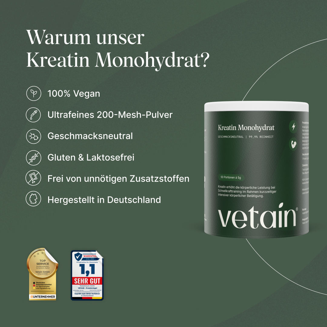 Vorteile von Vetains veganem Kreatin Monohydrat und Infos zur Qualität