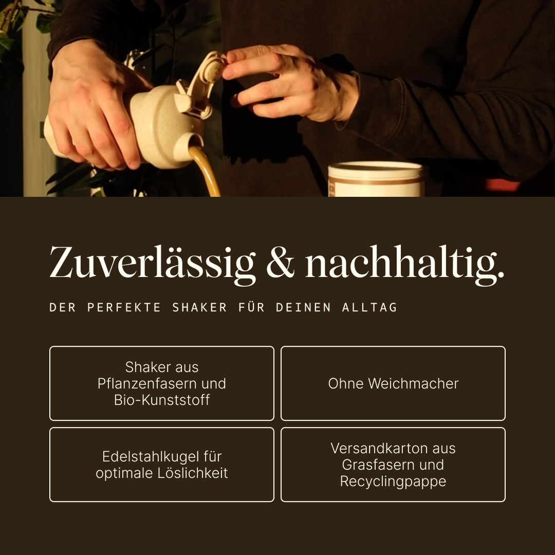 Vetains Bio-Shaker zuverlässig & nachhaltig. Shaker aus Pflanzenfasern und Bio-Kunststoff, er ist ohne Weichmacher, hat eine Edelstahlkugel für optimale Löslichkeit und kommt in einem Versandkarton aus Grasfasern und Recyclingpappe