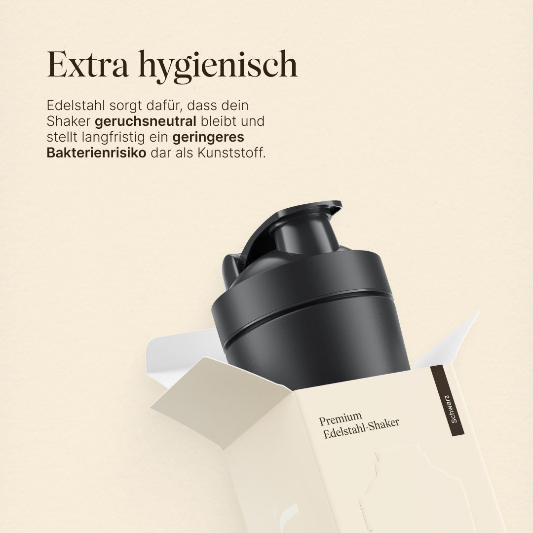Vetains Edelstahlshaker ist extra hygienisch. Edelstahl sorgt dafür, dass dein Shaker geruchsneutral bleibt und stellt langfristig ein geringes Bakterienrisiko dar als Kunststoff