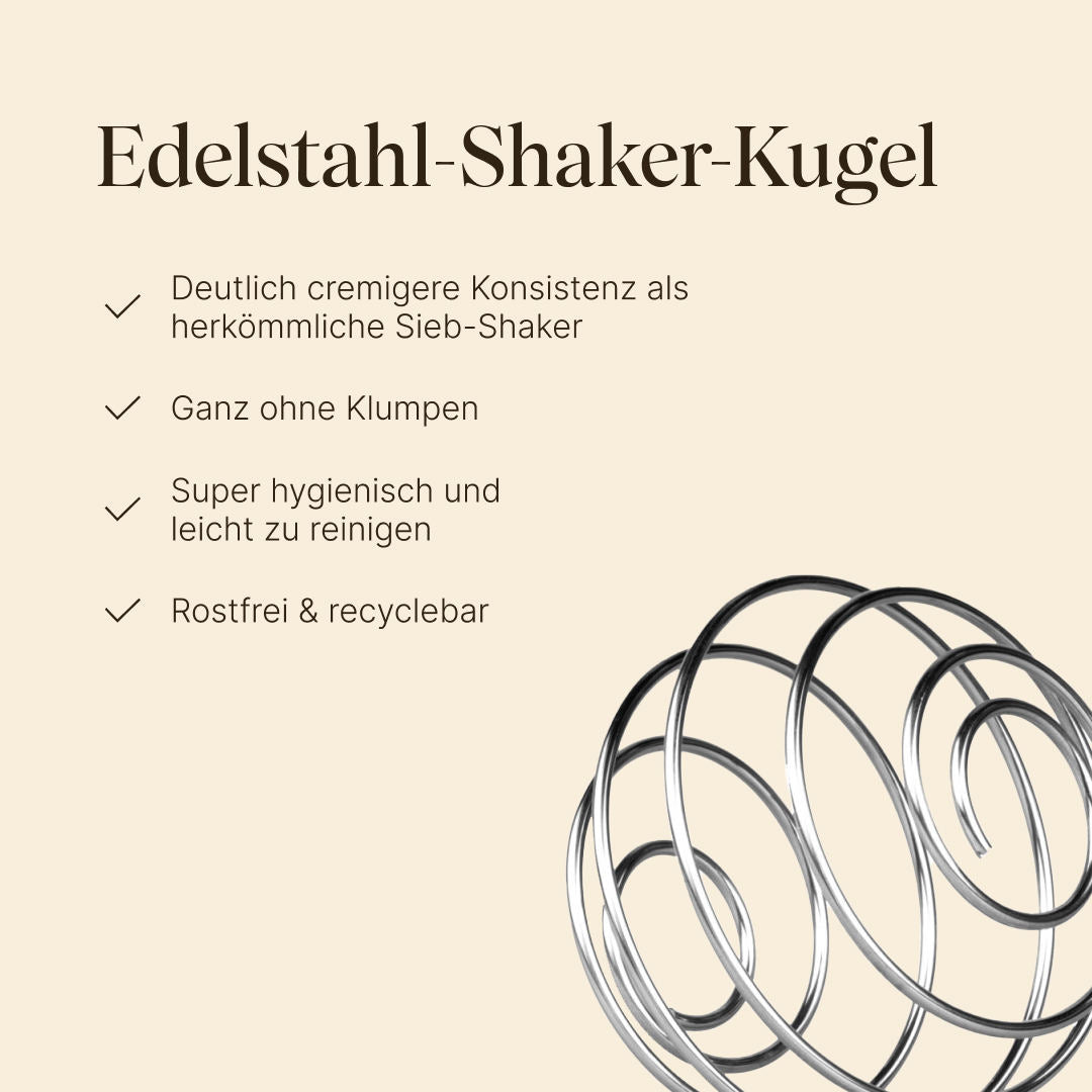 Edelstahl-Shaker-Kugel für eine deutlich cremigere Konsistenz als herkömmliche Sieb-Shaker, ohne Klumpen, super hygienisch und leicht zu reinigen und rostfrei und recyclebar