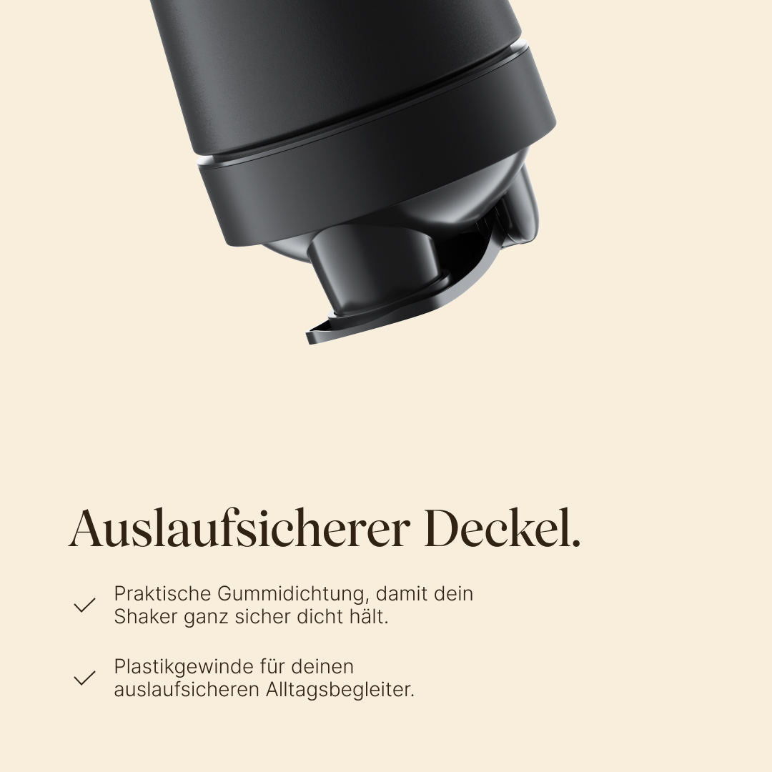 Auslaufsicherer Deckel beim Vetain Edelstahlshaker. Gummidichtung - kein Schimmel und keine unangenehme Gerüche. Plastikgewinde für deinen auslaufsicheren Alltagsbegleiter