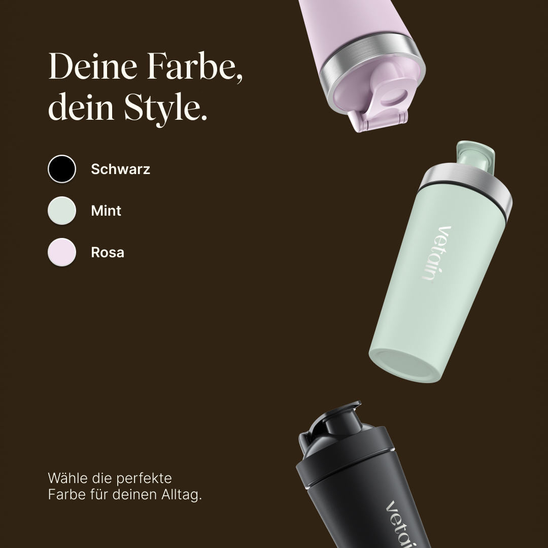 Vetain Edelstahlshaker in 3 Farben: schwarz, mint und rosa. Wähle die perfekte Farbe für deinen Alltag