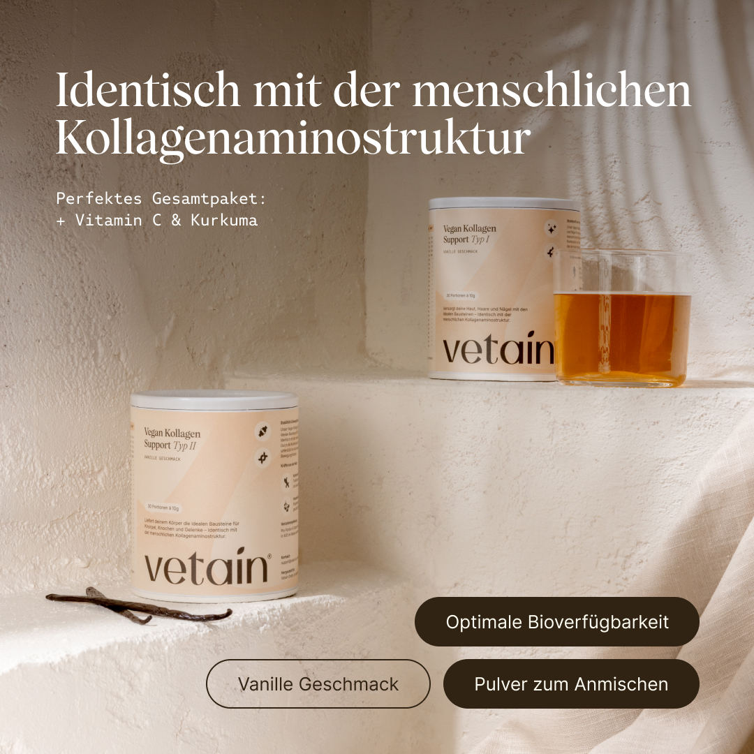 Vetain Vegan Kollagen Support Typ 1 und Typ 2: Infos zu Eigenschaften und Produkt angerührt als Getränk im Glas
