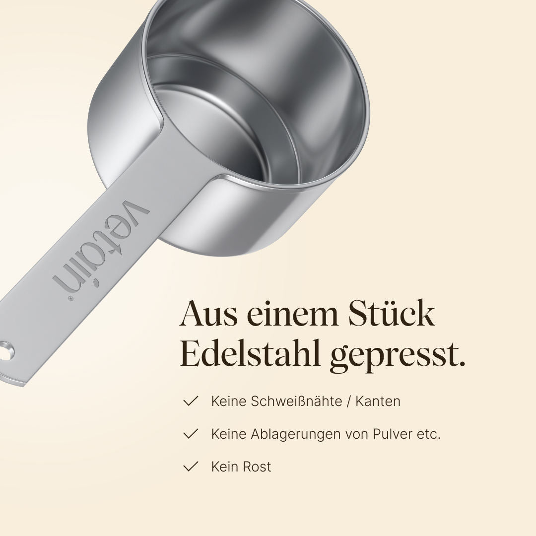 Aus einem Stück Edelstahl gepresst. Keine Schweißnähte oder Kanten, keine Ablagerungen von Pulver, kein Rost