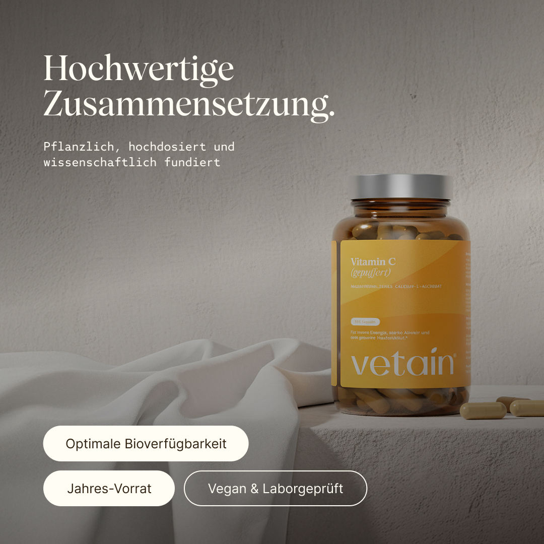 Vetain Vitamin C (gepuffert) in hochwertiger Zusammensetzung. Pflanzlich, hochdosiert und wissenschaftlich fundiert. Optimale Bioverfügbarkeit, Jahres-Vorrat, vegan und laborgeprüft