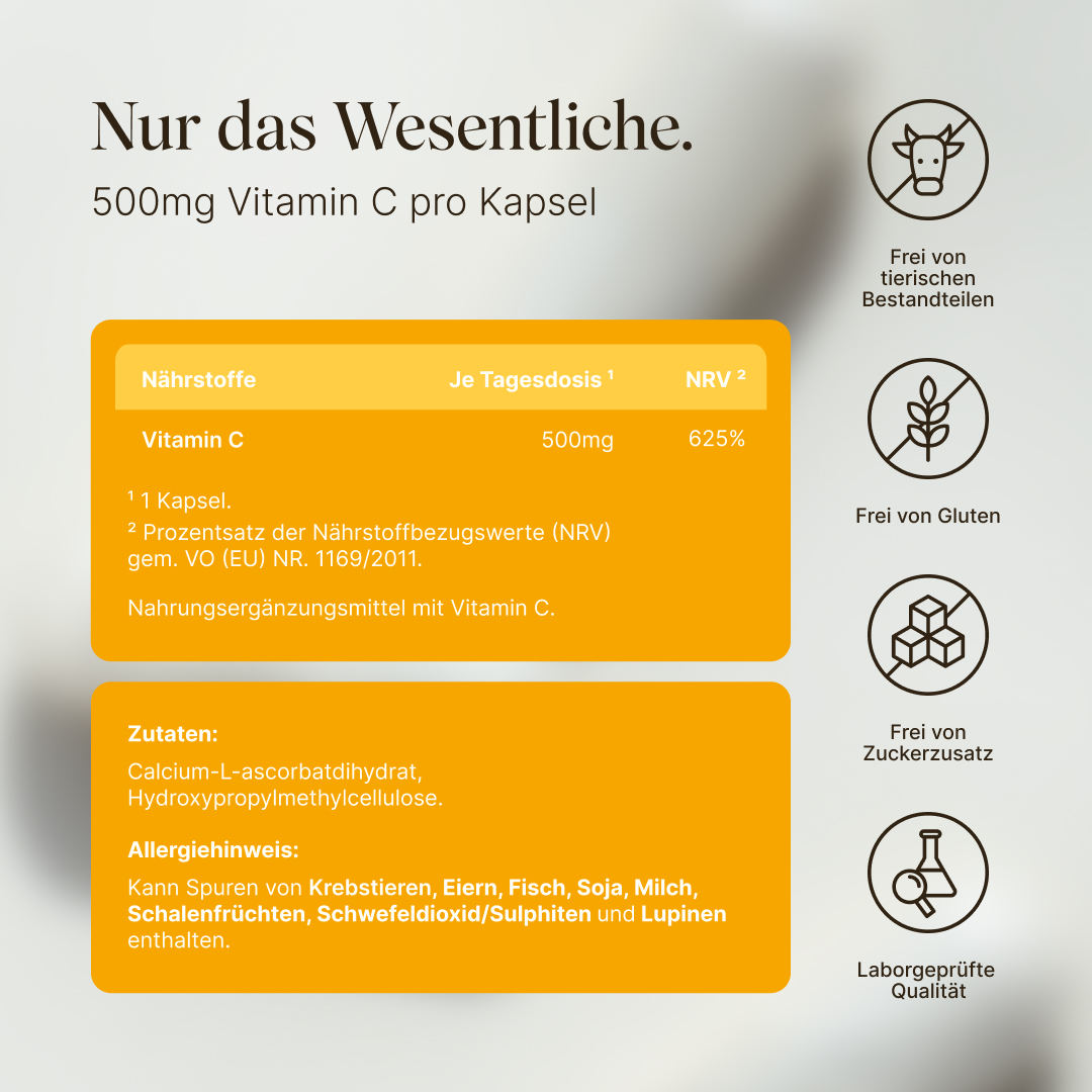 Vetain Vitamin C (gepuffert) mit nur den wesentlichen Inhaltsstoffen: 500mg Vitamin C pro Kapsel. Frei von tierischen Bestandteilen, Gluten, Zucker, laborgeprüfte Qualität
