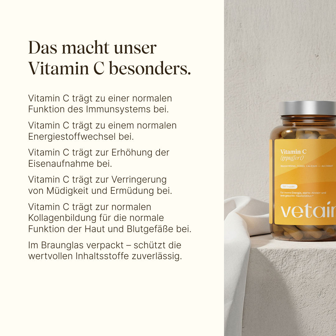 Vetain Vitamin C (gepuffert) für das Immunsystem, den Energiestoffwechsel, zur Verringerung von Müdigkeit, für eine normale Kollagenbildung