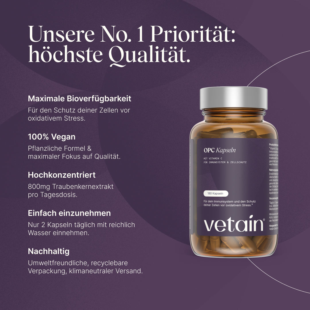 Vetain OPC Kapseln in höchster Qualität. Maximale Bioverfügbarkeit, 100 Vegan, Hochkonzentriert mit 800mg Traubenkernextrakt pro Tagesdosis, einfach einzunehmen, nachhaltig verpackt und versendet