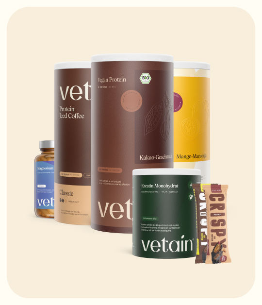 Vetain breite Produktauswahl von Vegan Protein, über Supplements zu Proteinriegeln