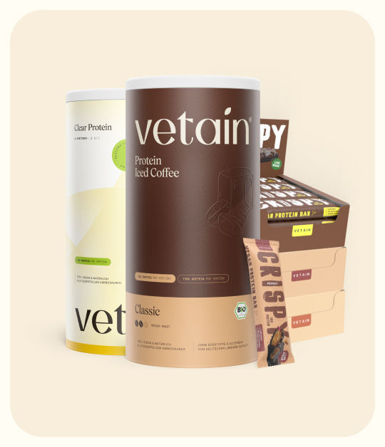 Vetains Bestseller Produkte: Clear Protein Lemon&Lime, Vegan Protein Iced-Coffee, Crispy PRoteinriegel Peanut und Brownie