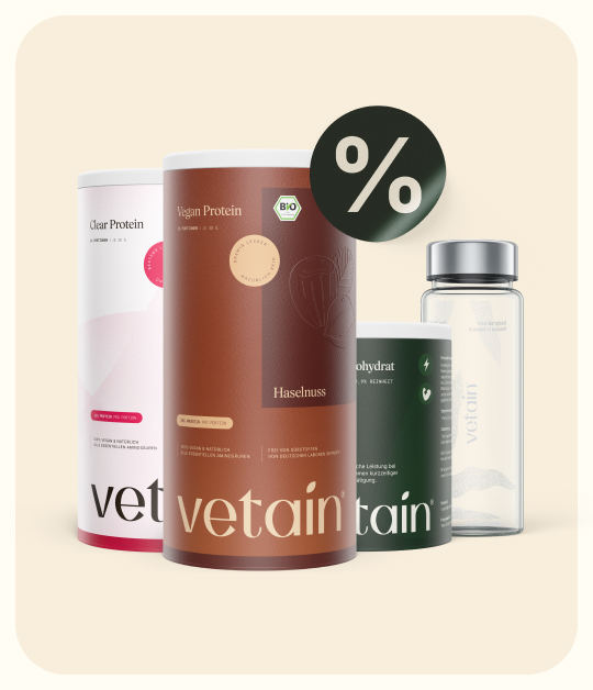 Vetain Vorteilspakete mit verschiedenen Produkten wie Vegan Protein, Clear Protein, Kreatin und Trinkflasche zum Sparen.