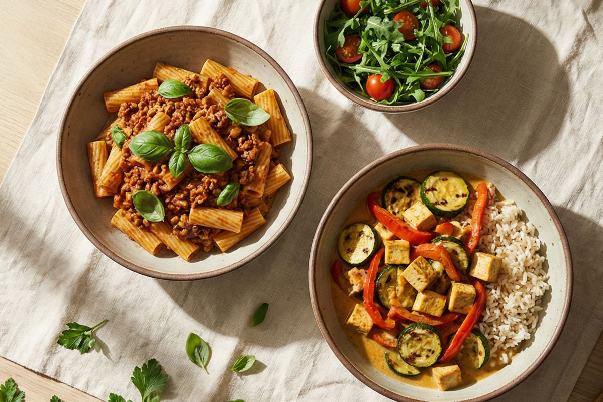 Verschiedene proteinreiche, vegane Rezepte in Schalen auf einem Tisch