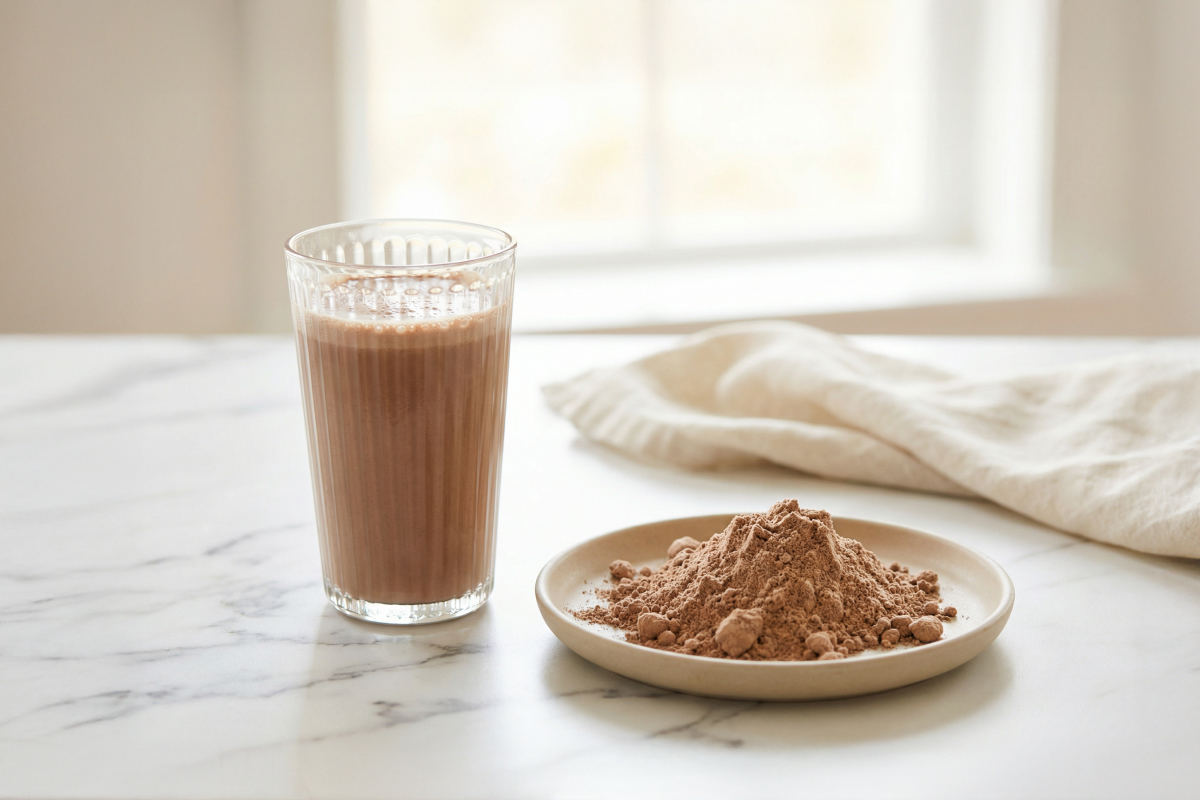 Schoko Proteinshake in einem Glas, daneben Schoko Proteinpulver auf einem Teller