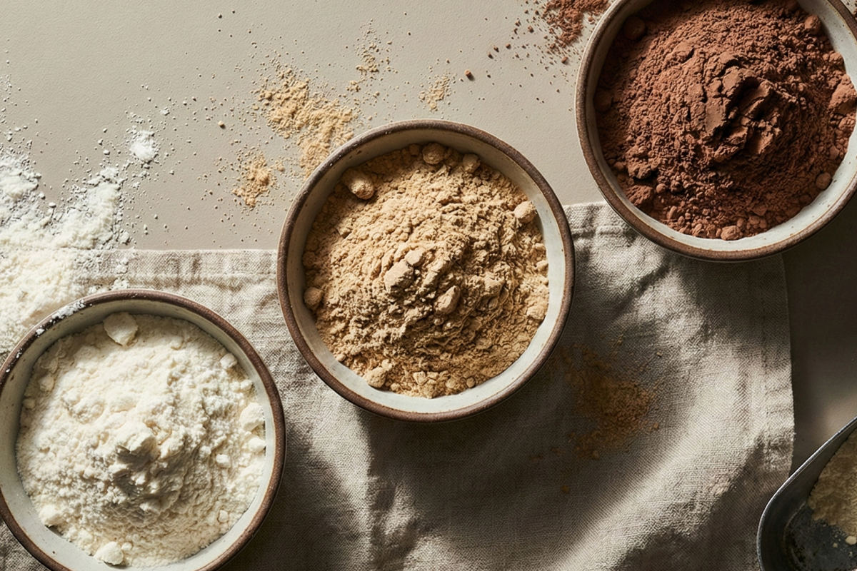 Schalen mit verschiedenen Arten von Proteinpulver