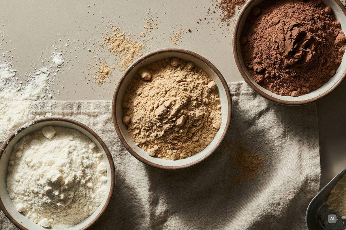 Schalen mit verschiedenen Arten von Proteinpulver - Bild KI generiert