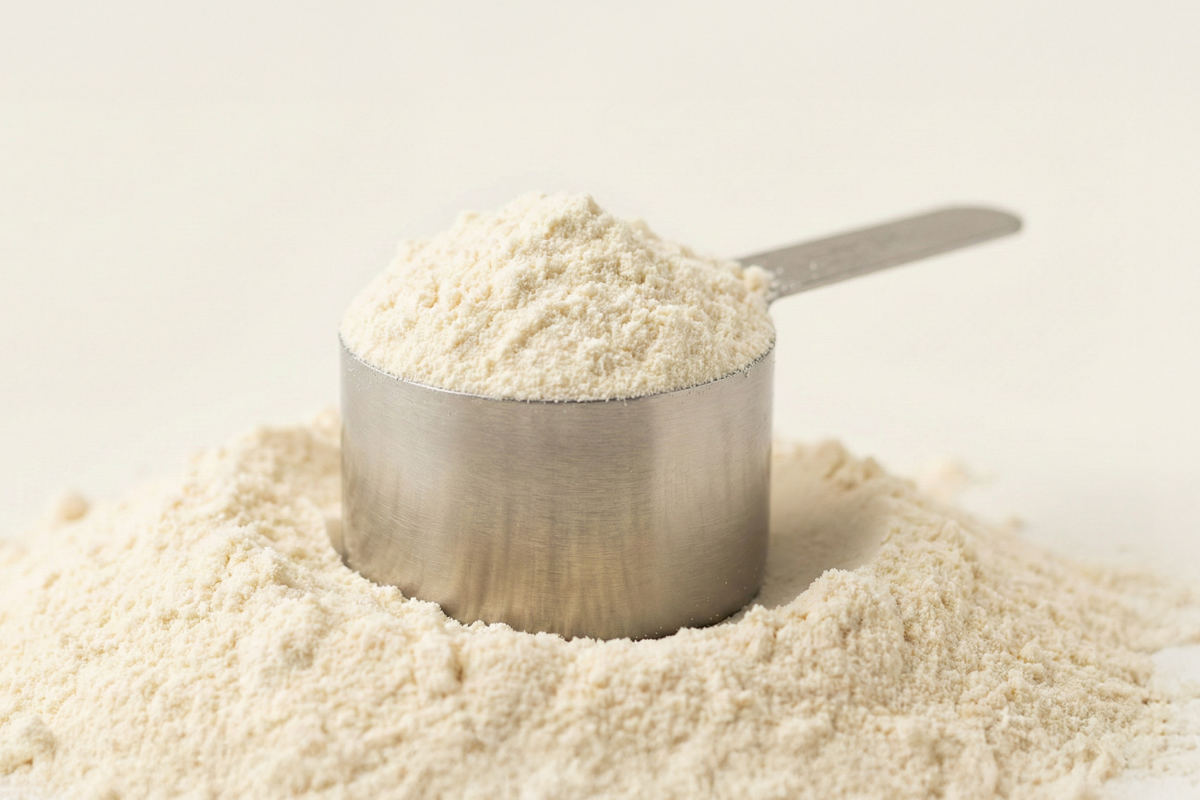 Proteinpulver mit einem Messlöffel aus Edelstahl