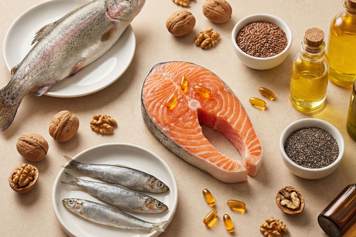 Verschiedene Omega 3 Quellen wie Fisch, Nüsse und Öl