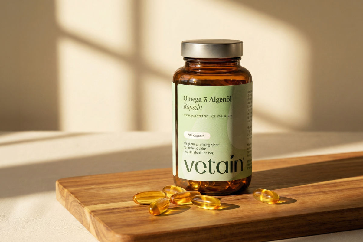Vetains Omega 3 Kapseln auf einem schlichten Holzbrett. Auf dem Glas sind Infos zu finden, wofür Omega 3 gut ist.