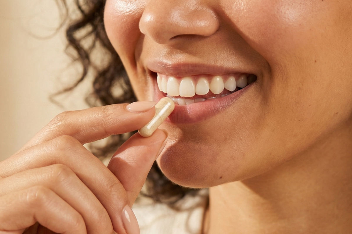 Frau nimmt eine Vitamin D Kapsel ein