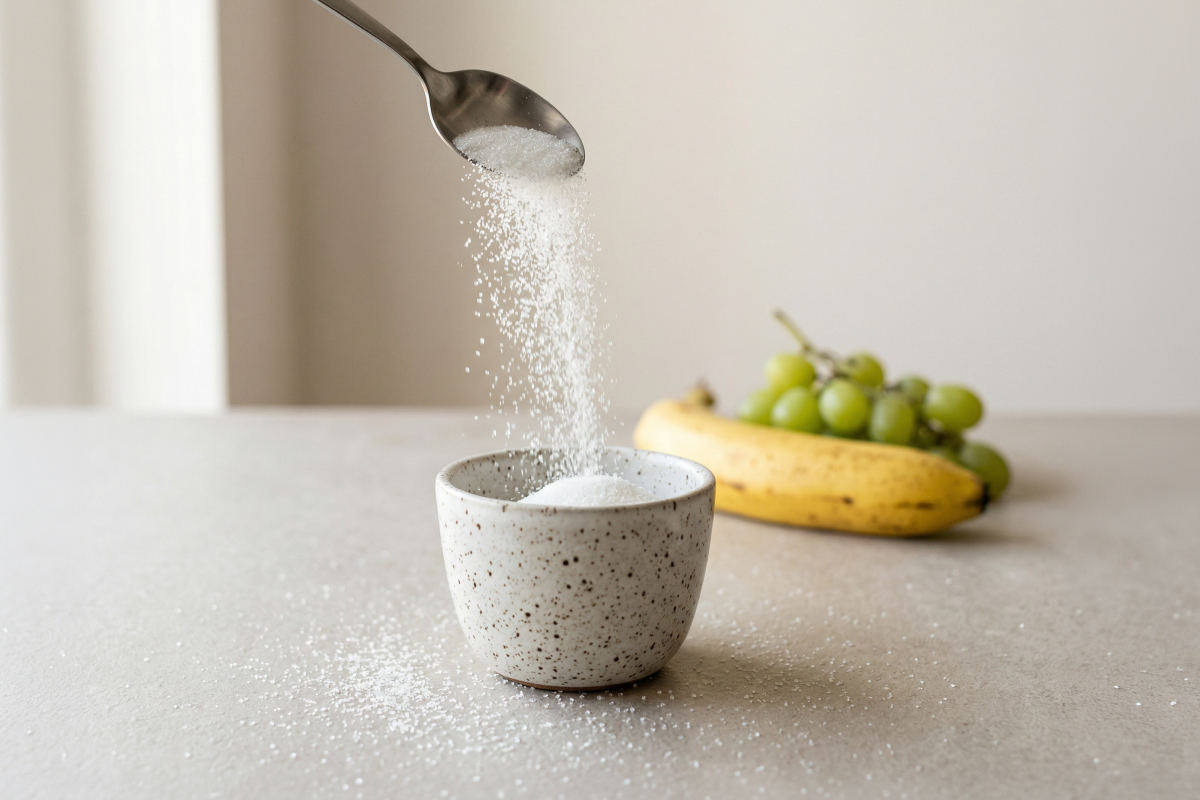 Zucker wird in eine kleine Schüssel gegeben um zu zeigen, was einfache Kohlenhydrate sind