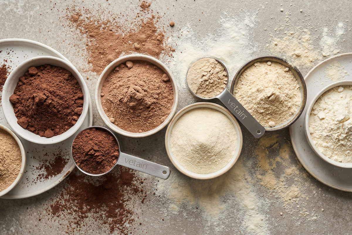 Verschiedene Proteinpulver in kleinen Schüsseln