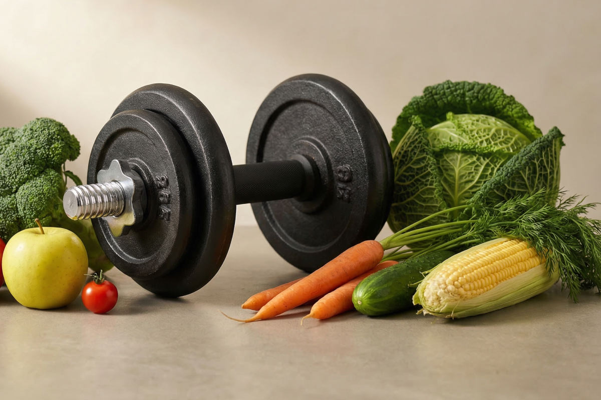 Vegane Lebensmittel neben einer Hantel, um zu zeigen, dass man auch als Veganer:in Muskeln aufbauen kann