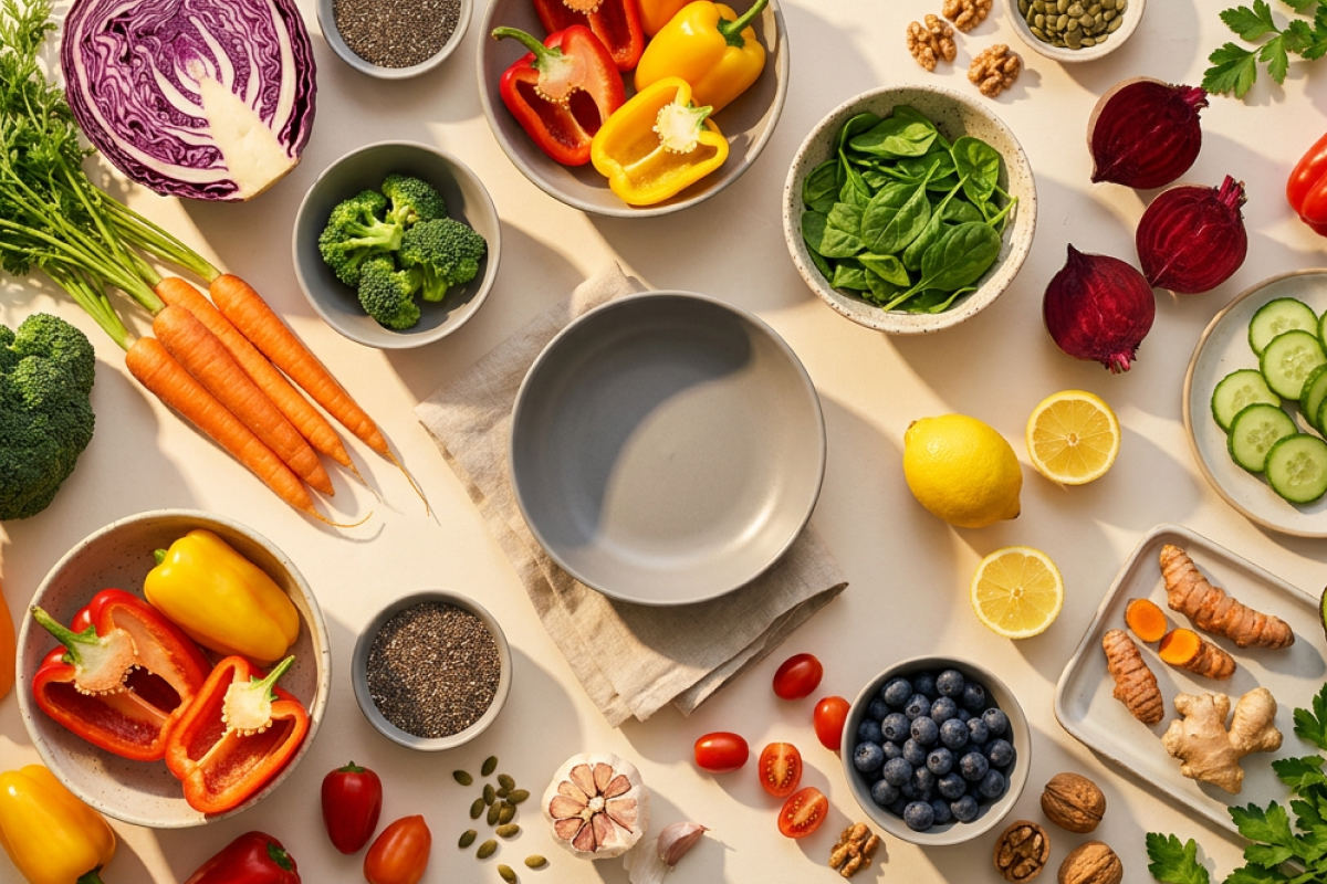 Verschiedene gesunde Lebensmittel wie Obst und Gemüse, die Teil einer ausgewogenen Ernährung sind