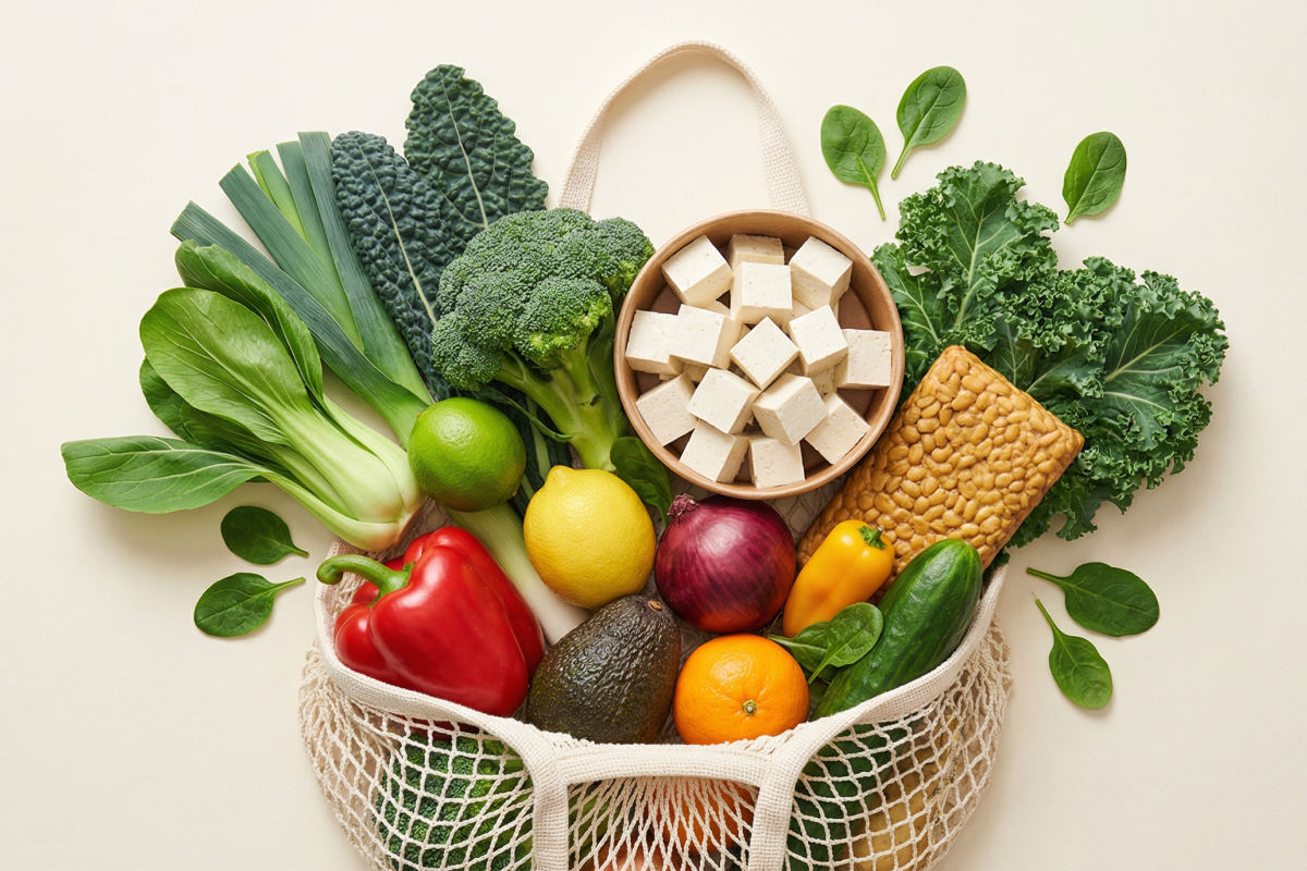 Lebensmittel wie Gemüse und Tofu, die zeigen, was Teil einer ausgewogenen veganen Fitness-Ernährung sein kann