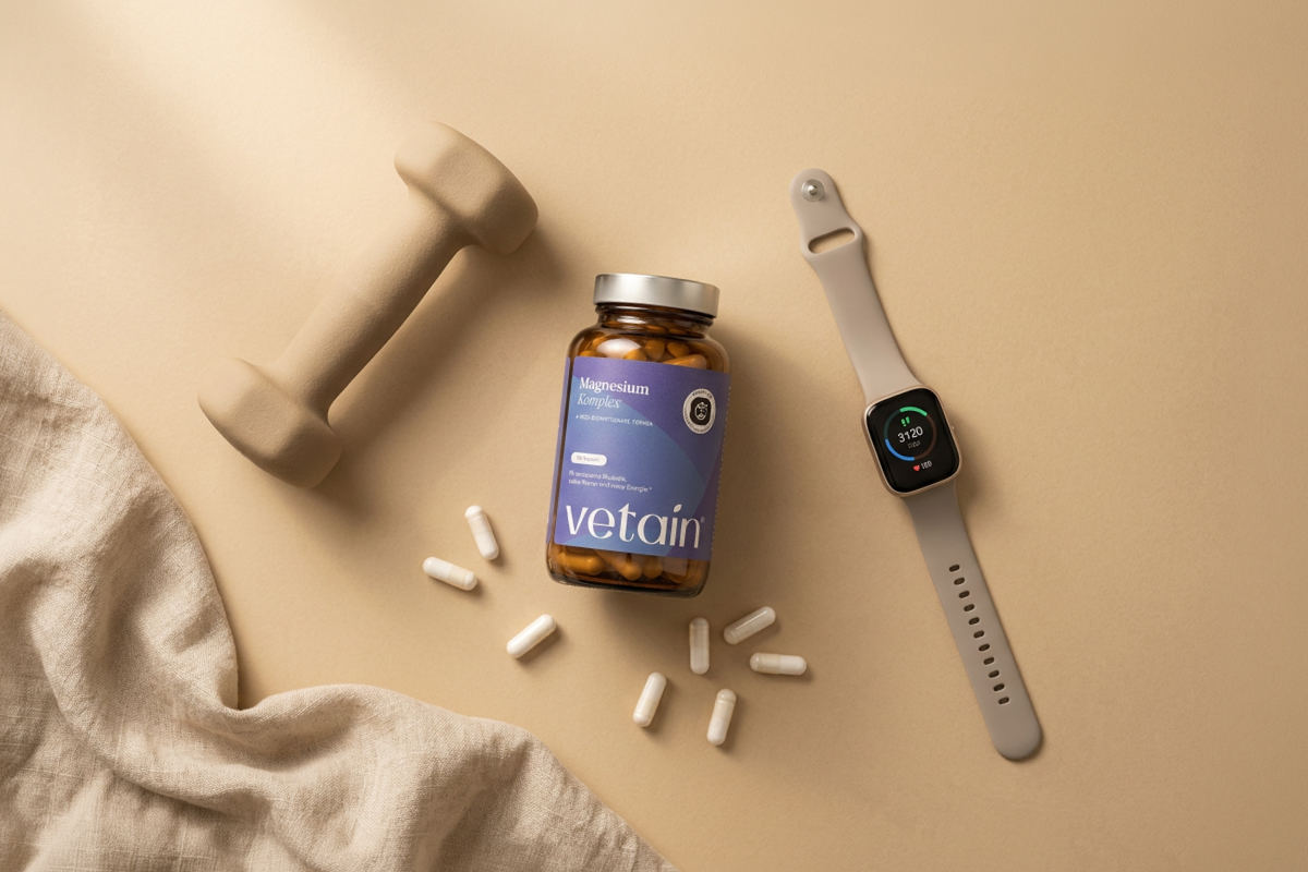 Vetains Magnesium Kapseln neben Sportsachen, so kann man Magnesium vor oder nach dem Sport nehmen