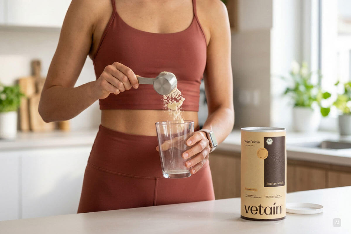 Frau macht sich einen Vetain Protein Shake vor oder nach dem Training - Bild KI generiert
