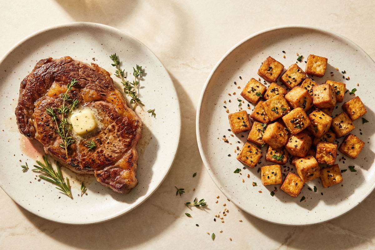 Vergleich: Tierisches vs pflanzliches Eiweiß, links ein Steak, rechts Tofu