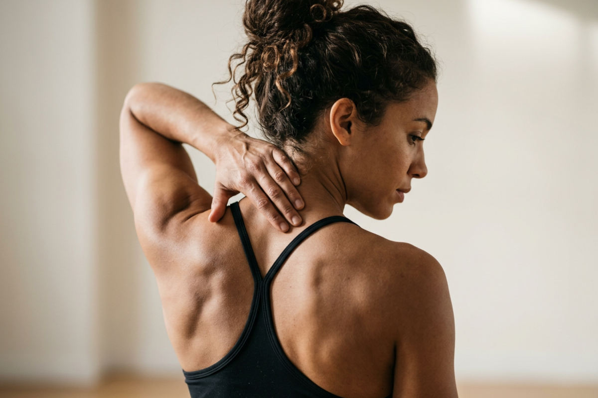 Eine Frau in Sportkleidung fasst sich an den Nacken 