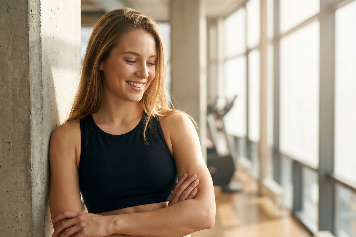 Frau steht glücklich im Gym, da sie weiß, wie sie ihre Trainingsmotivation steigern kann