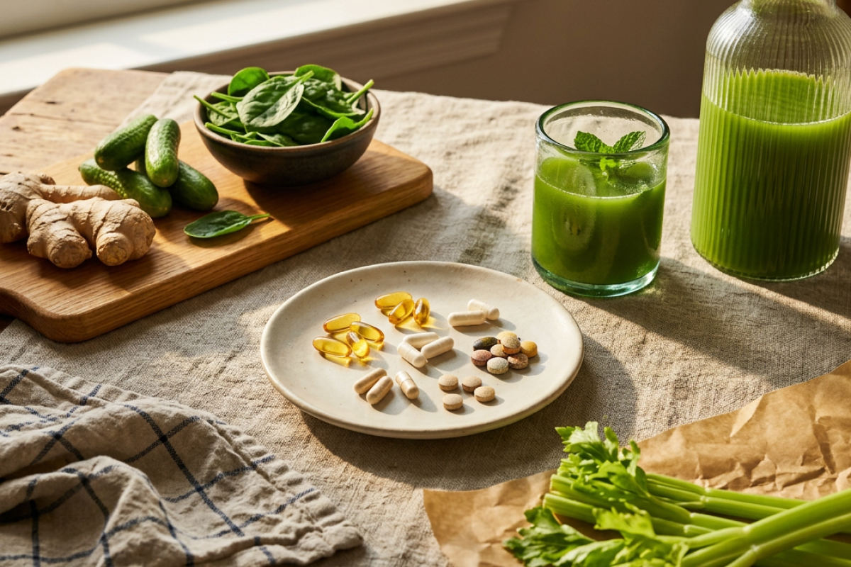 Thema vegetarische Ernährung: Supplemente auf einem Teller zwischen verschiedenen vegetarischen Lebensmitteln
