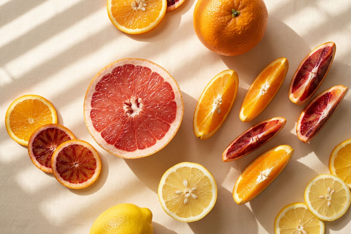 Zitrusfrüchte auf einem weißen Hintergrund zum Thema Vitamin C Tagesbedarf