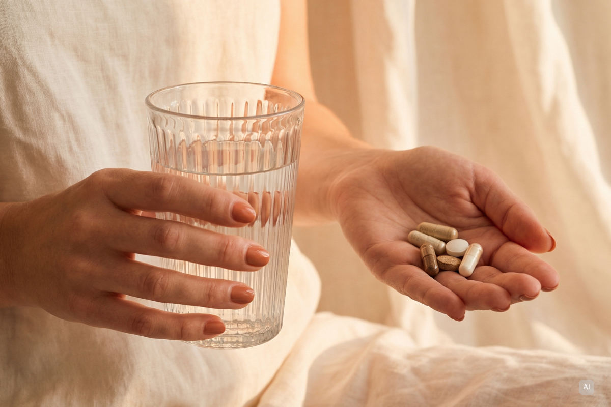 Eine Frau hält in einer Hand ein Glas Wasser, in der anderen mehrere Kapseln und Tabletten - Bild KI generiert
