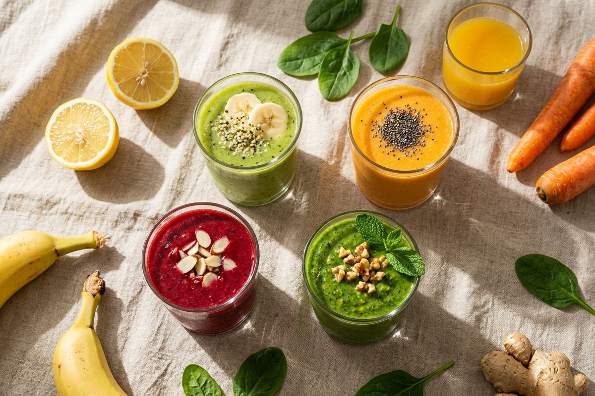 Verschiedene Smoothies und gesunde Lebensmittel um zu zeigen, was gesunde Ernährung ist