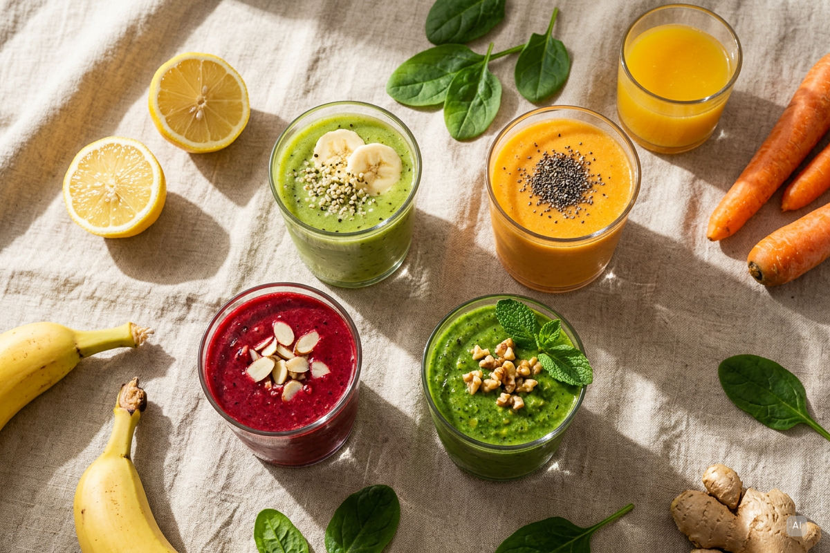 Verschiedene Smoothies und gesunde Lebensmittel um zu zeigen, was gesunde Ernährung ist - Bild KI generiert