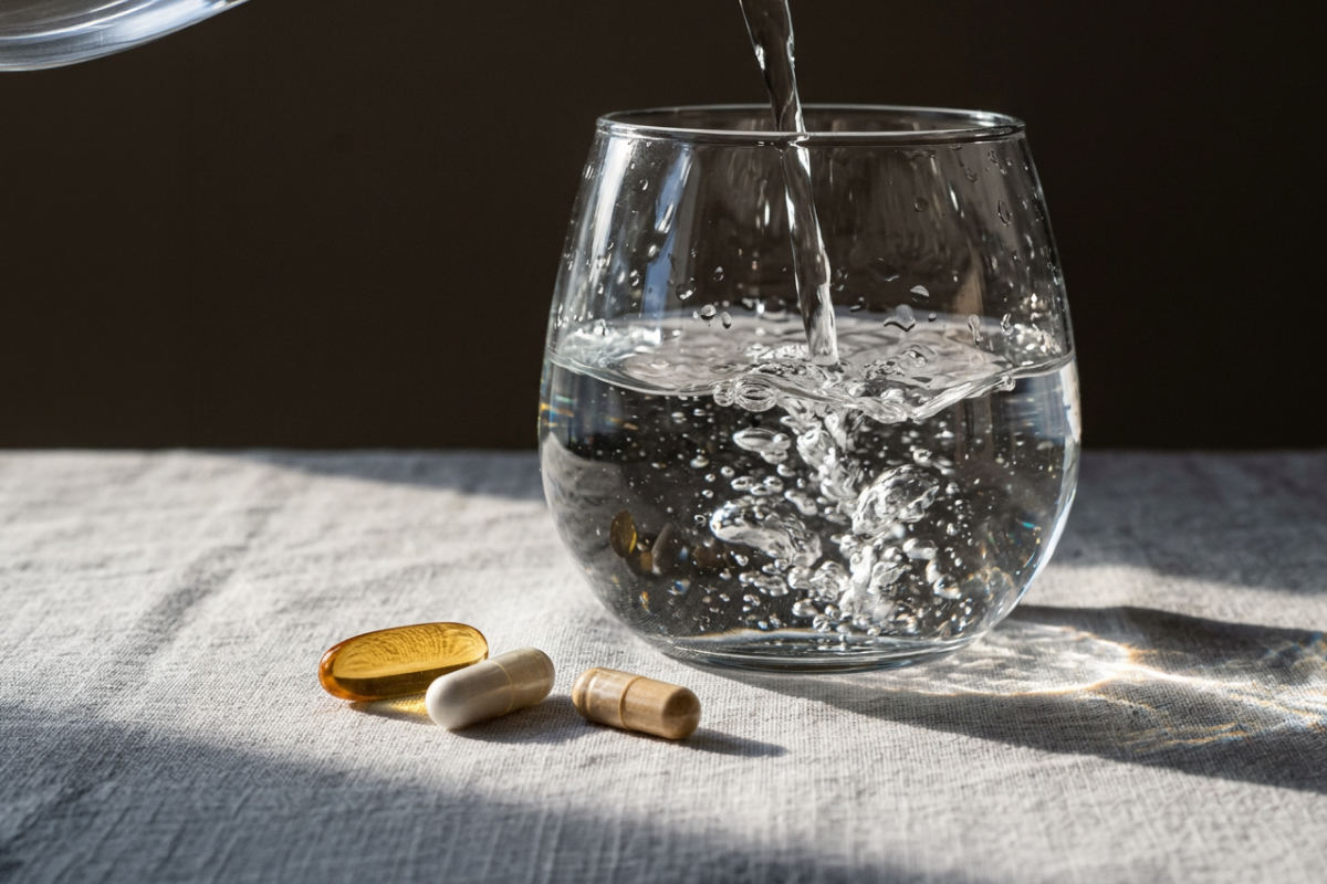 Ein Glas Wasser mit Nahrungsergänzungsmitteln