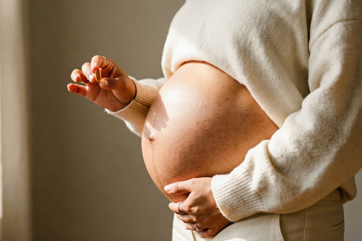Schwangere Frau fasst sich liebevoll an den Bauch und hält in der anderen Hand Nahrungsergänzungsmittel