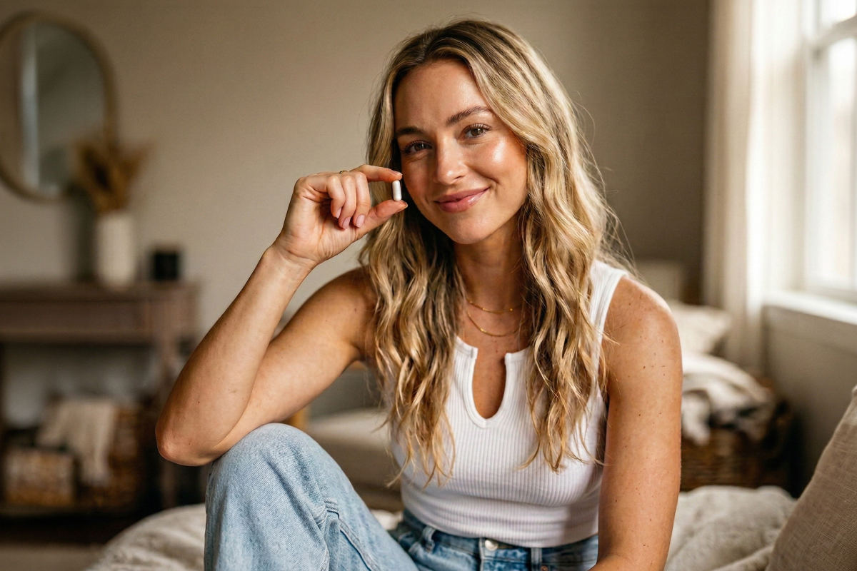 Eine Frau hält eine Kapsel Nahrungsergänzungsmittel in der Hand und lächelt glücklich